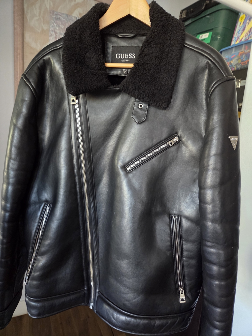 GUESS Men’s Black Asymmetrical Moto Bikers Shearling Collar Jacket